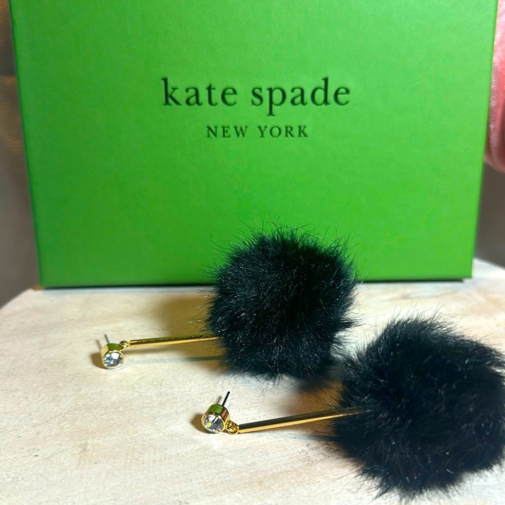 Kate Spade Earrings gold “flying colors” pom pom pouf black